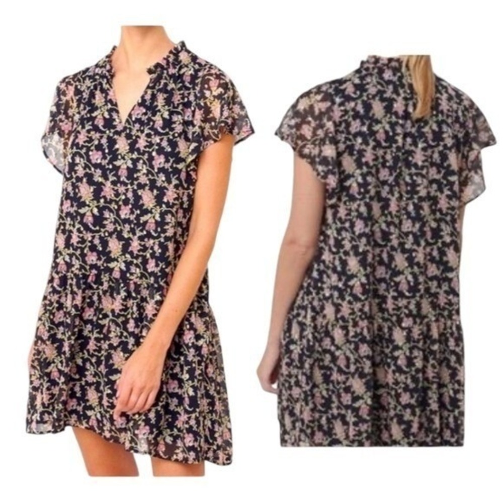 LOFT Dress Womens XL Navy Floral Gold Metallic Flutter Sleeve Ruffle Lined Shift